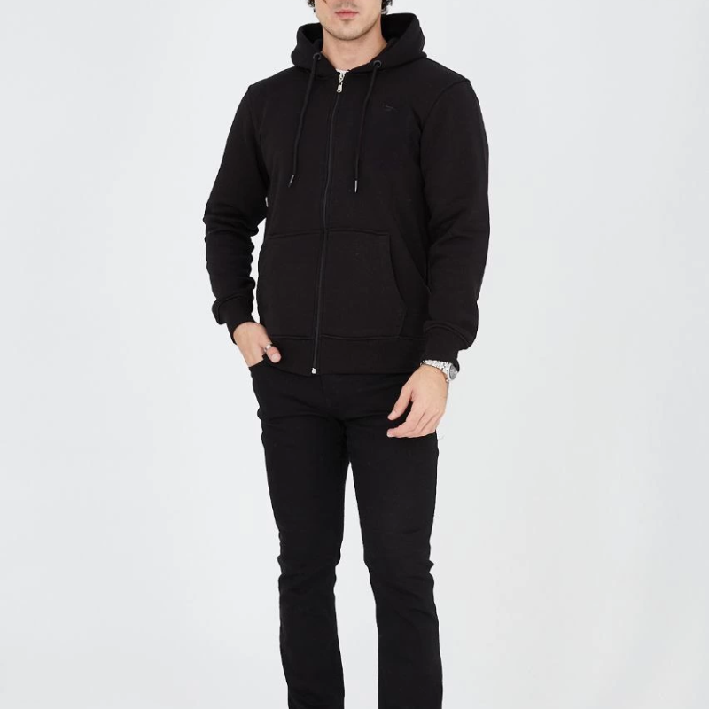 Tam Fermuarlı Kapşonlu  SweatShirt - Siyah -